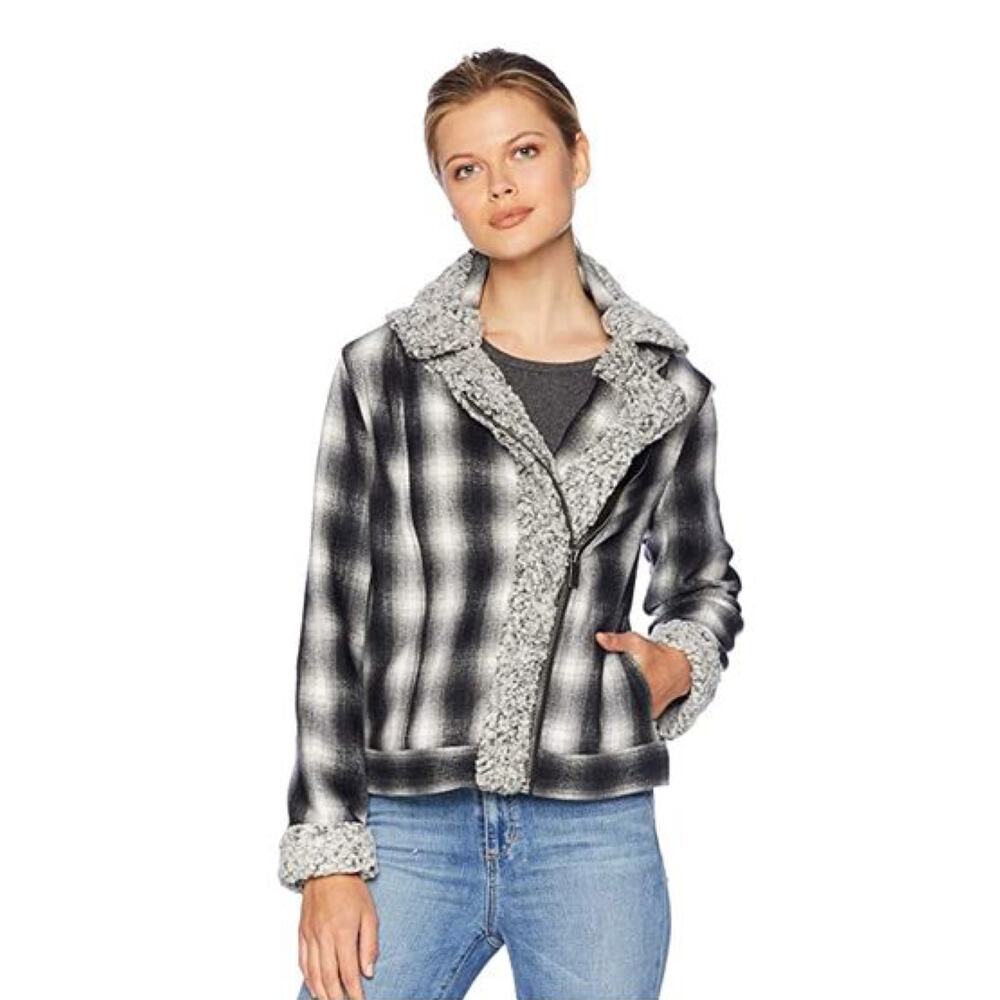 Vince Camuto Sherpa Trimmed Plaid Moto Jacket Black Gray Large Fall Winter Cozy